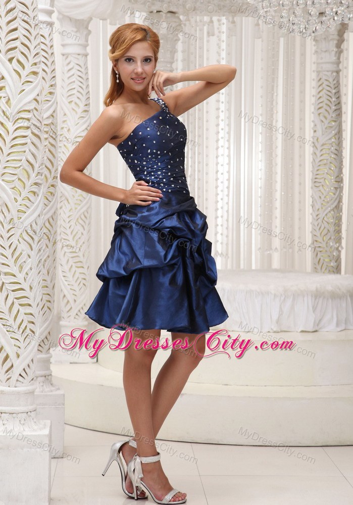 Navy Blue One Shoulder Party Dress with Beading and Pick-ups