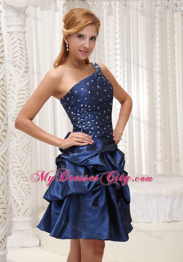 Navy Blue One Shoulder Party Dress with Beading and Pick-ups