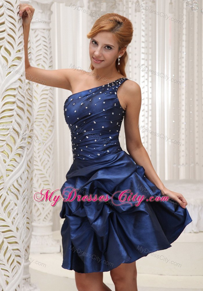 Navy Blue One Shoulder Party Dress with Beading and Pick-ups