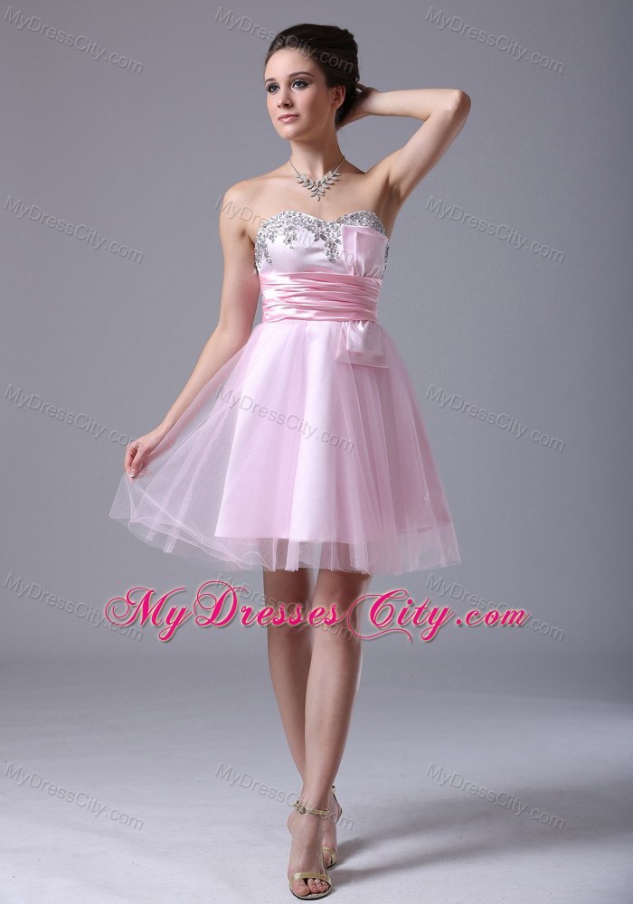 Short Pink Tulle Beaded Sweetheart Bowknot Party Dress