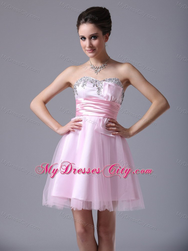 Short Pink Tulle Beaded Sweetheart Bowknot Party Dress