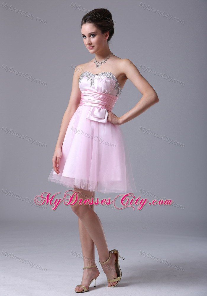 Short Pink Tulle Beaded Sweetheart Bowknot Party Dress