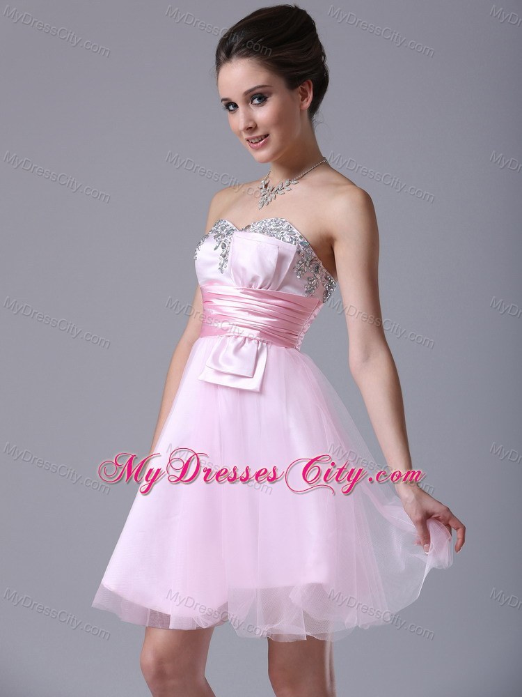 Short Pink Tulle Beaded Sweetheart Bowknot Party Dress