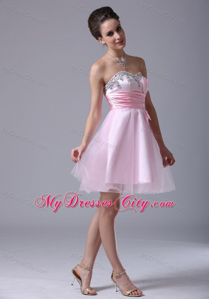 Short Pink Tulle Beaded Sweetheart Bowknot Party Dress