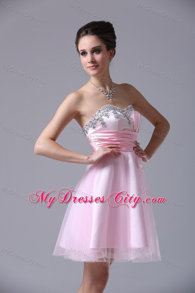 Short Pink Tulle Beaded Sweetheart Bowknot Party Dress