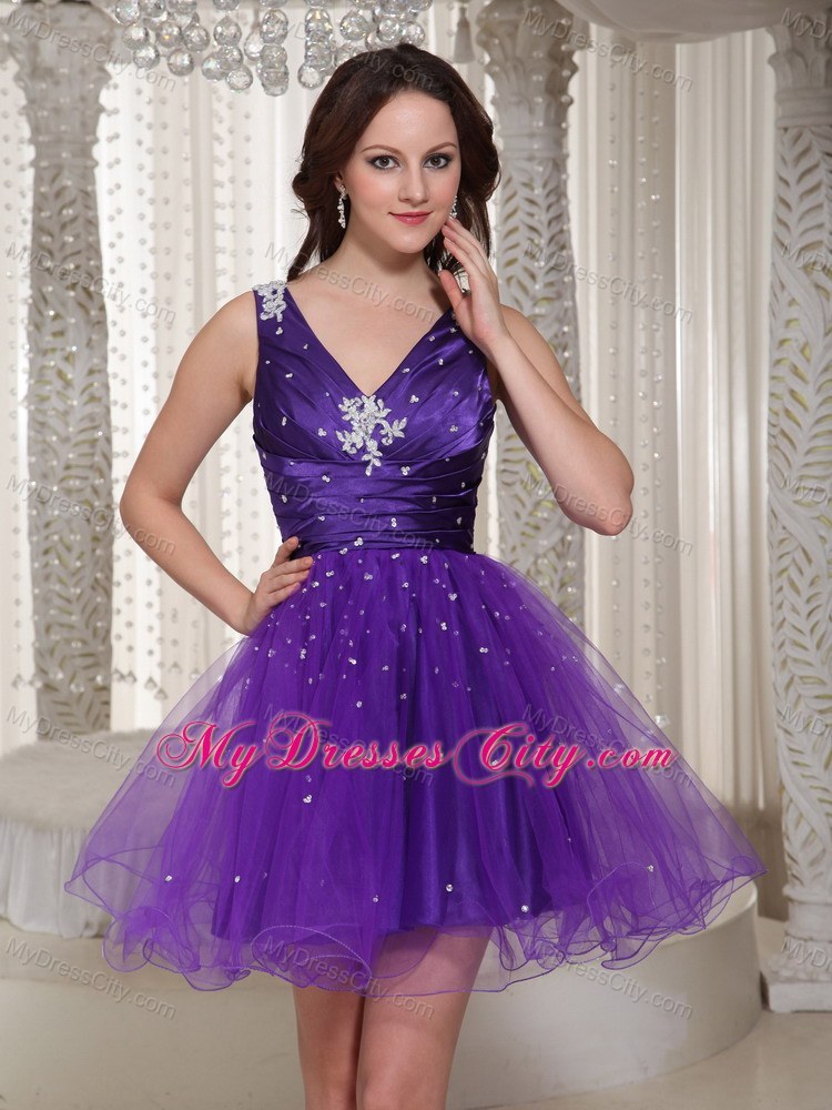 Purple Beaded V-neck Party Dress with Appliques