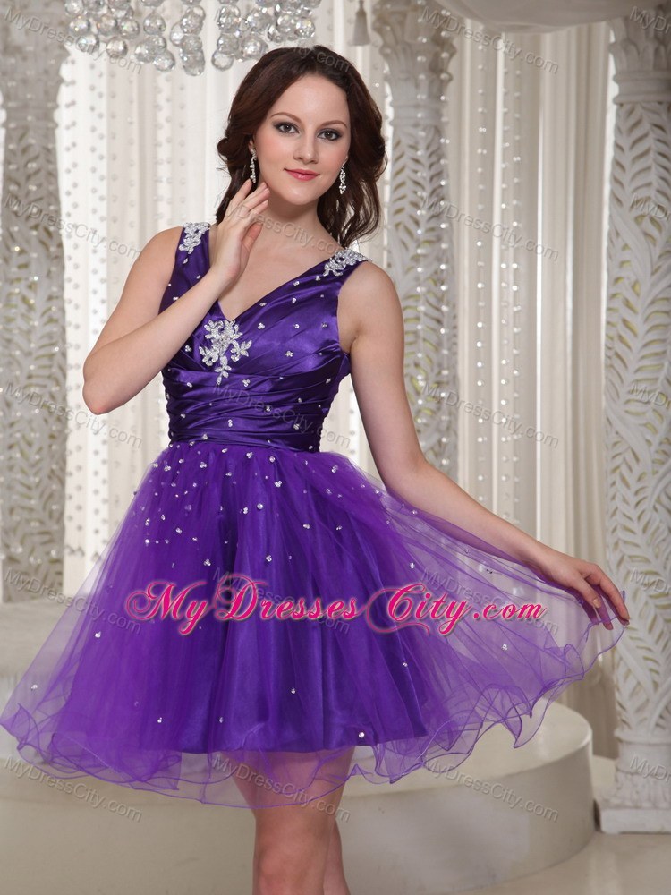 Purple Beaded V-neck Party Dress with Appliques