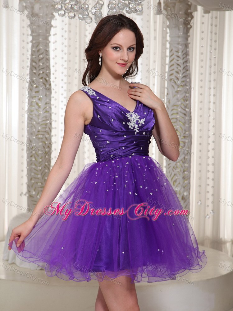 Purple Beaded V-neck Party Dress with Appliques