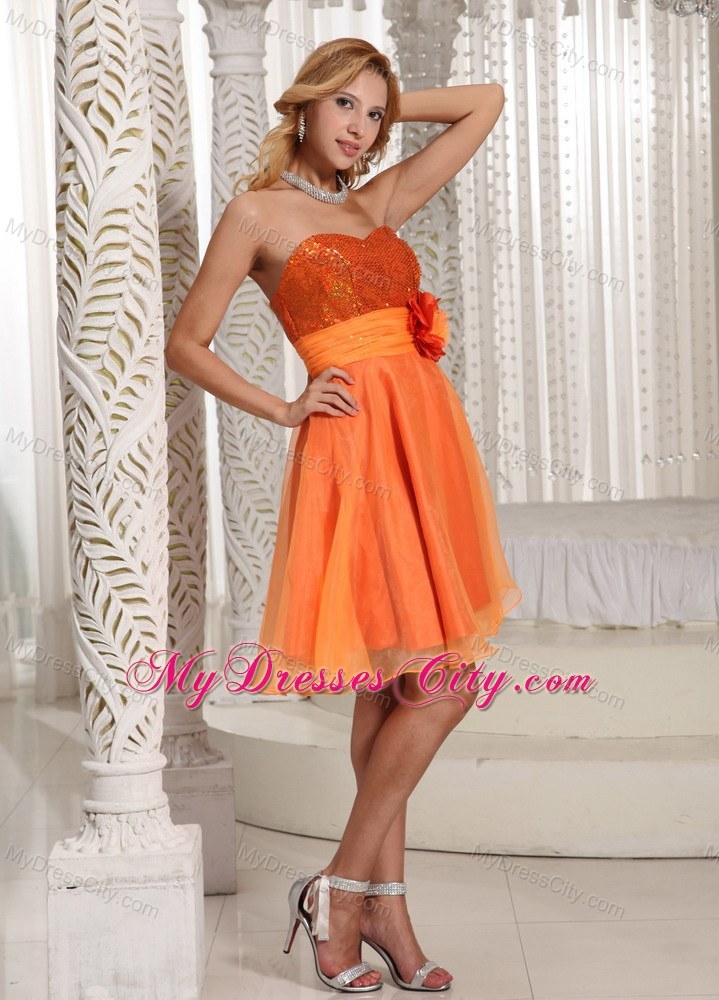 Short Orange Zipper-up Back Organza Party Dress with Paillette