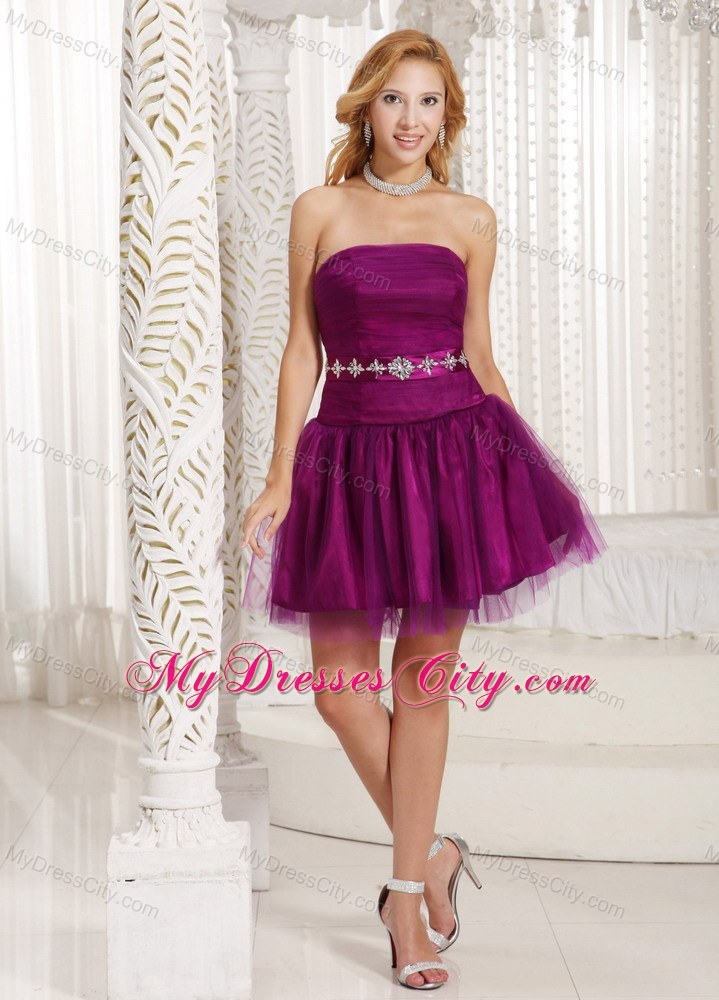 Short Purple A-line Party Dress with Ruffles and Beaded Belt