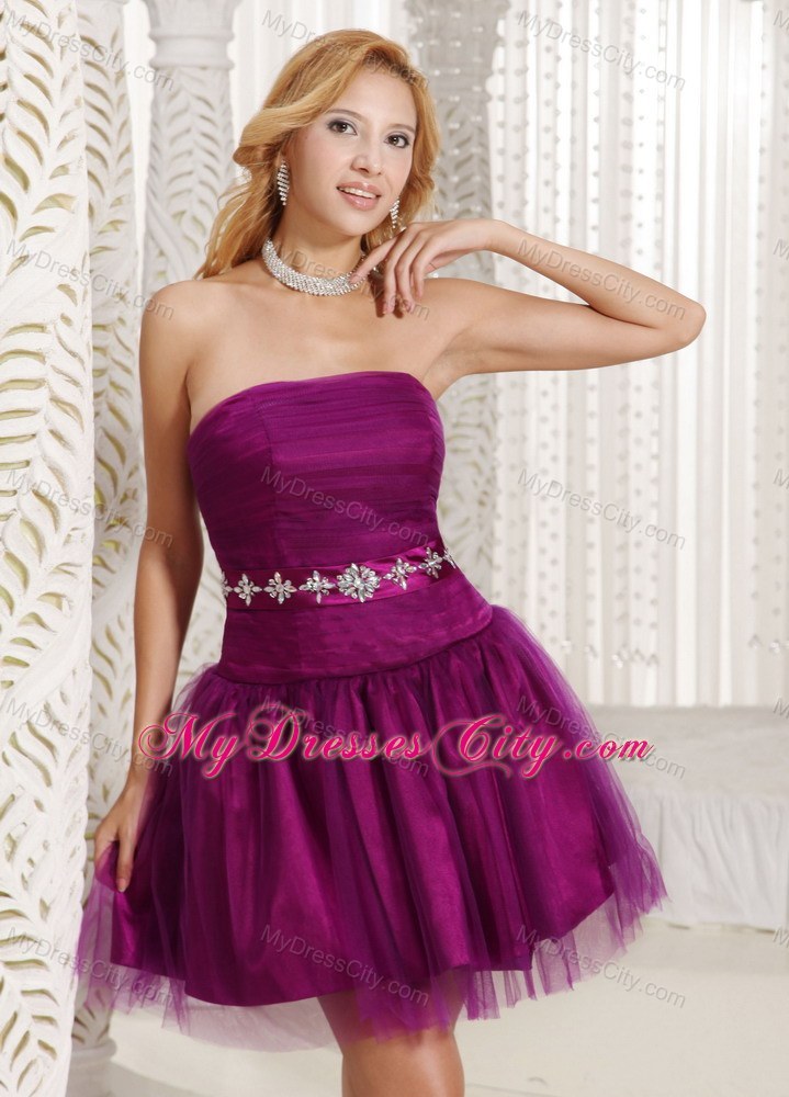 Short Purple A-line Party Dress with Ruffles and Beaded Belt