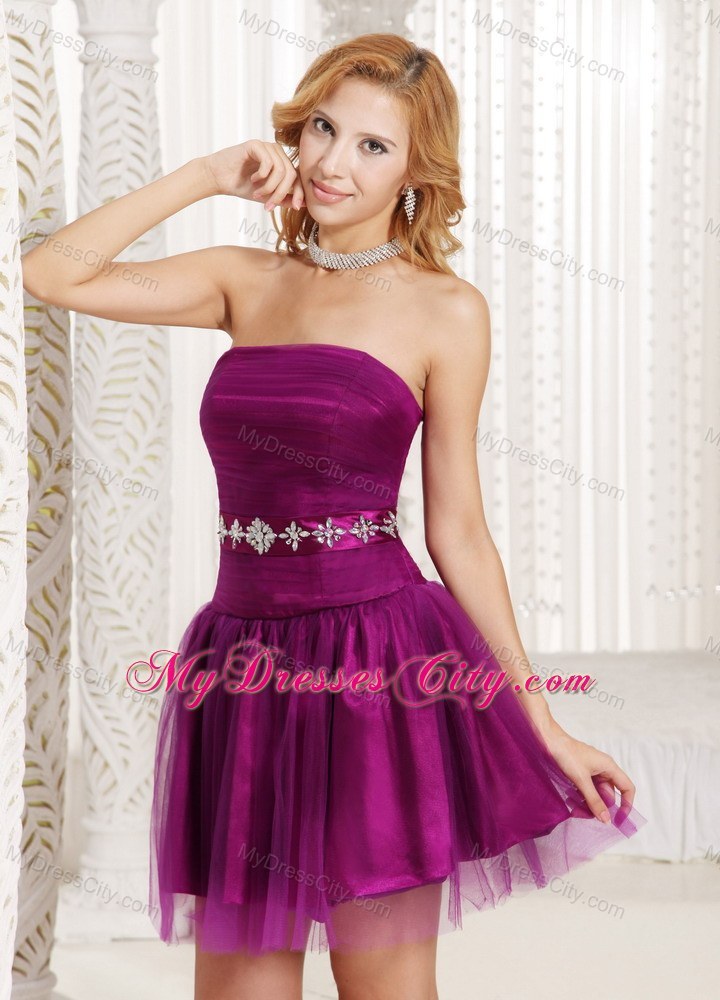 Short Purple A-line Party Dress with Ruffles and Beaded Belt