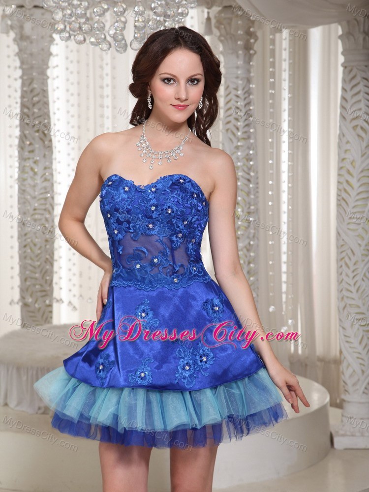 Sweetheart Blue Appliques Decorate Party Dress in Short