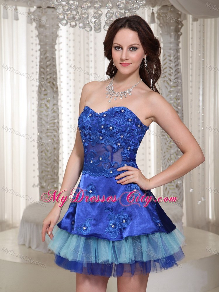 Sweetheart Blue Appliques Decorate Party Dress in Short