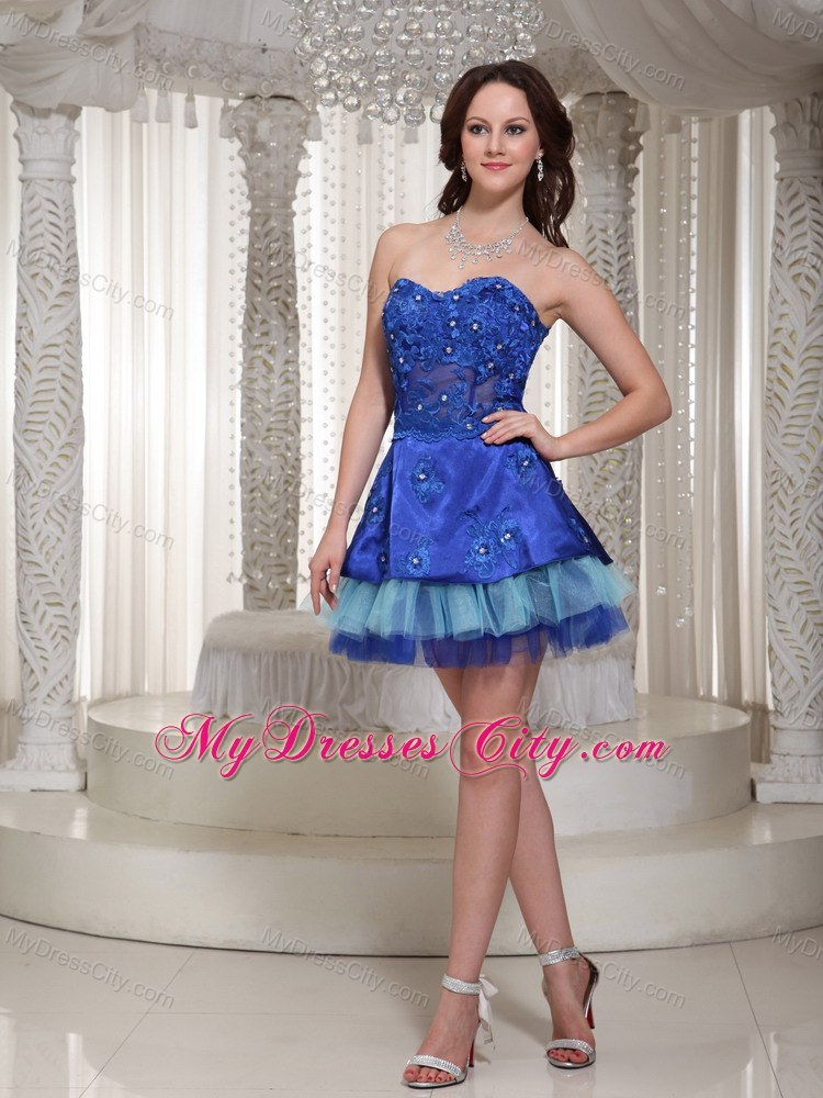 Sweetheart Blue Appliques Decorate Party Dress in Short