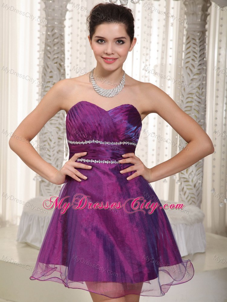 Mini-length Purple A-line Organza Beaded Party Dress