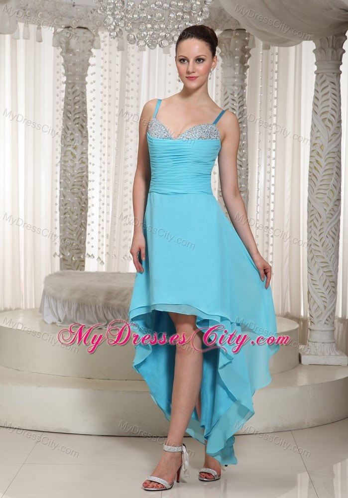 Spaghetti Straps Beaded Decorate High-low Aqua Party Dress