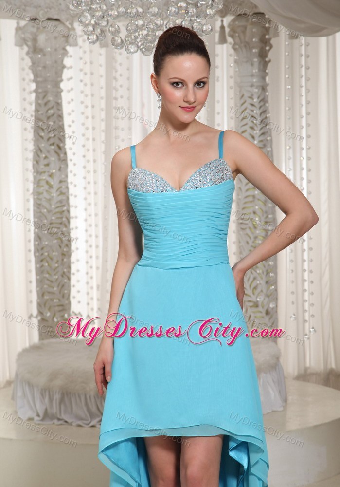 Spaghetti Straps Beaded Decorate High-low Aqua Party Dress