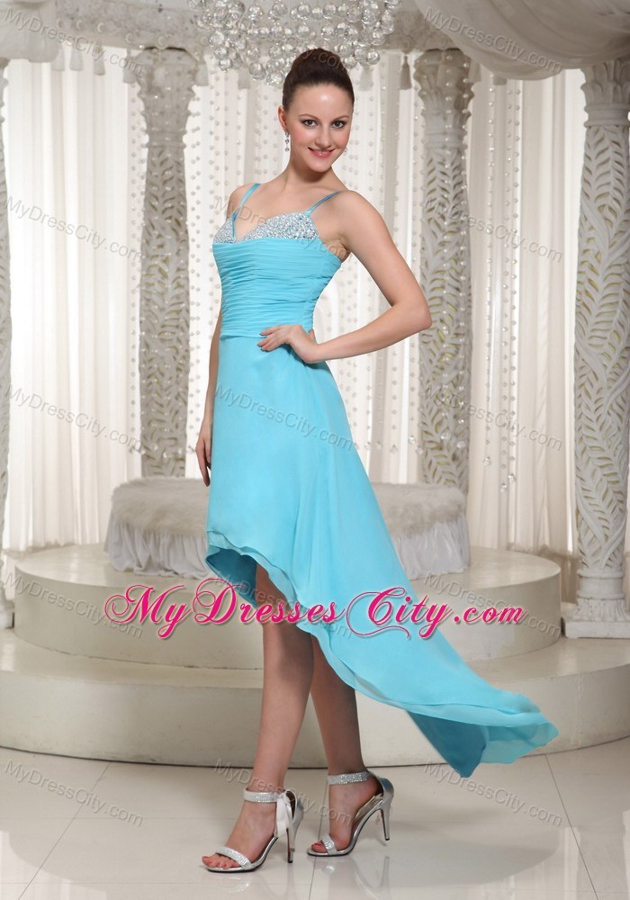 Spaghetti Straps Beaded Decorate High-low Aqua Party Dress