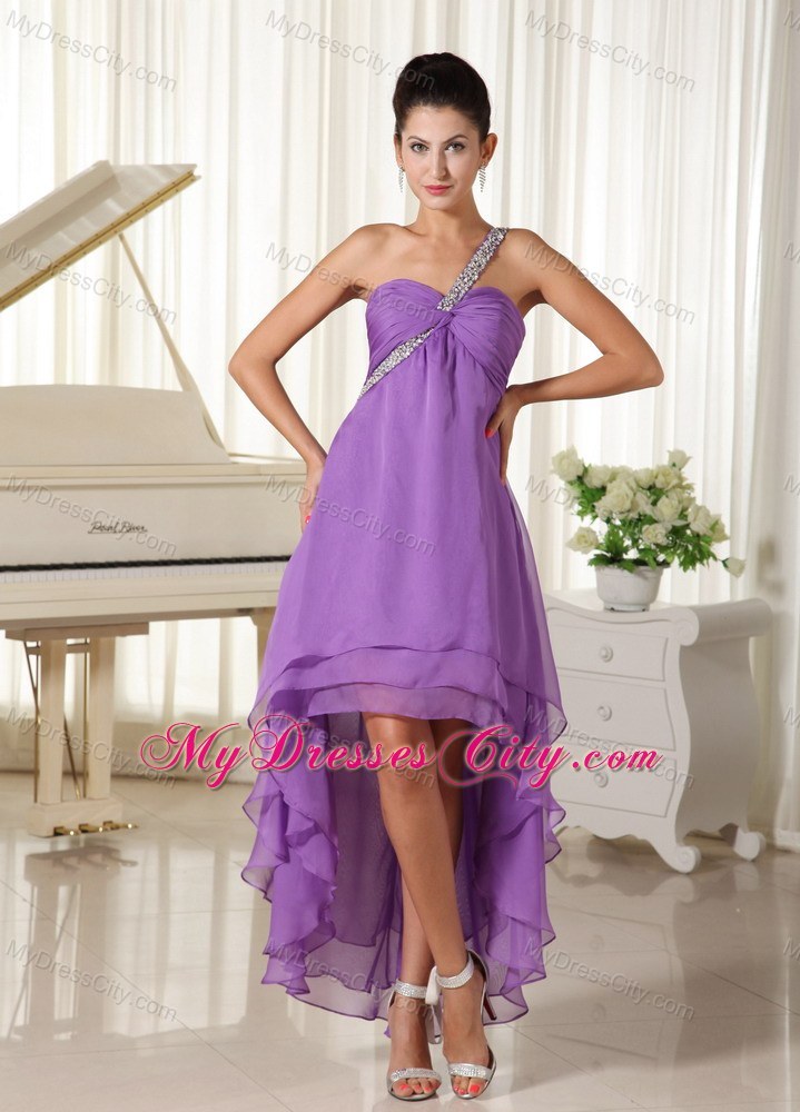 High-low Beaded Decorate Shoulder For Purple Party Dress