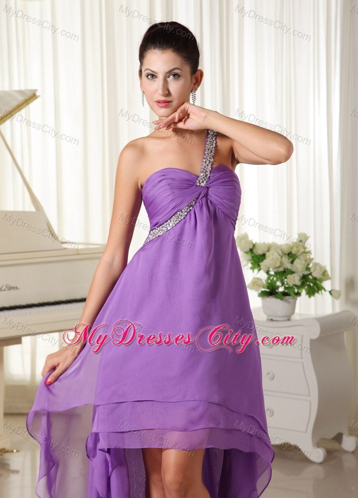 High-low Beaded Decorate Shoulder For Purple Party Dress