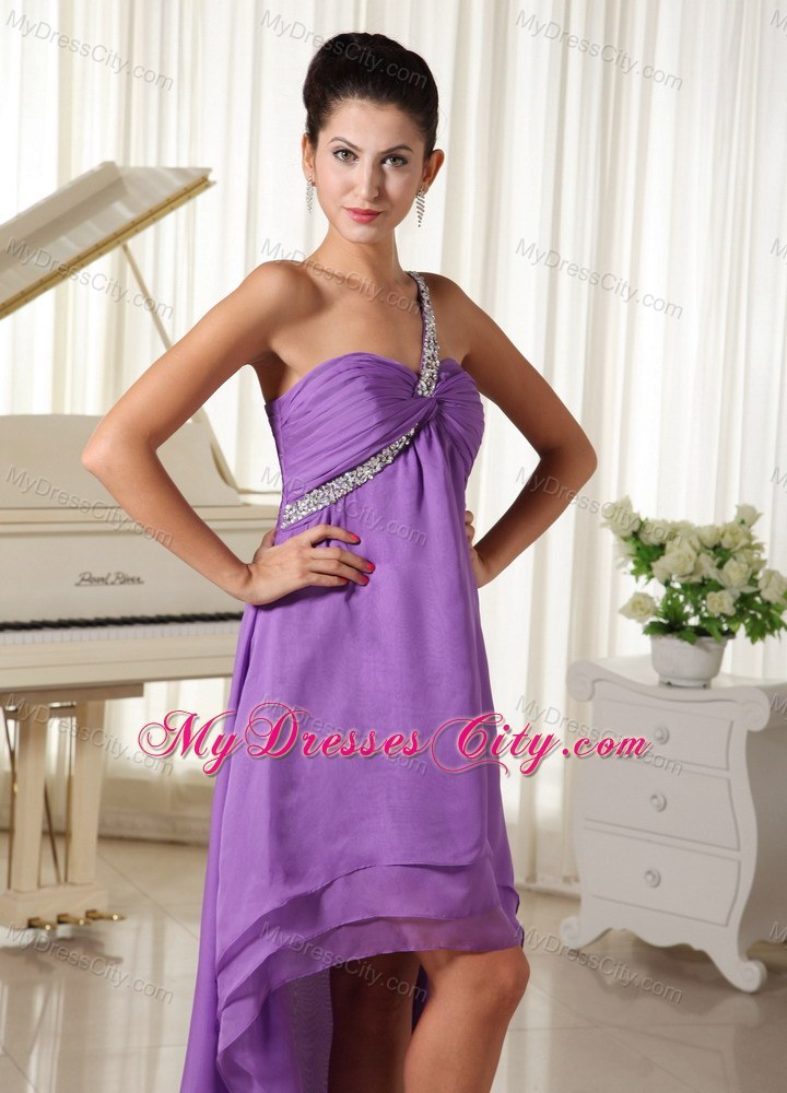 High-low Beaded Decorate Shoulder For Purple Party Dress