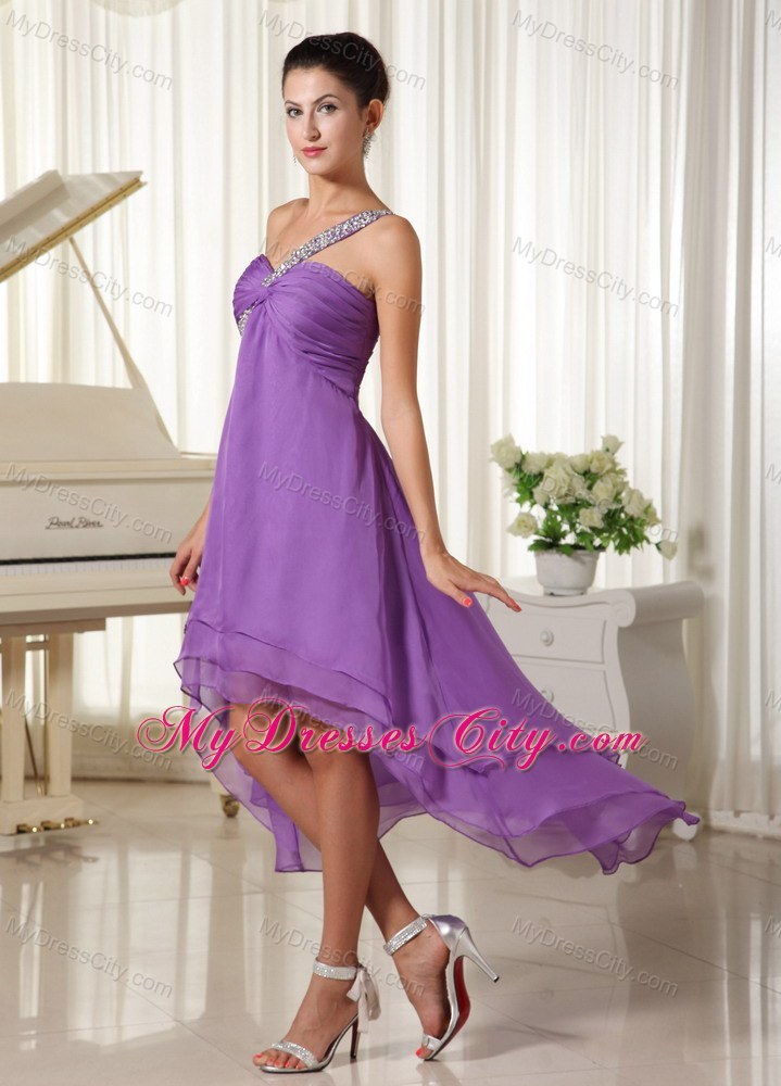 High-low Beaded Decorate Shoulder For Purple Party Dress