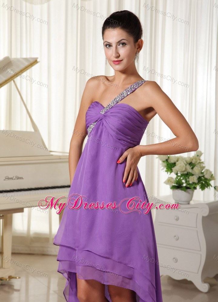 High-low Beaded Decorate Shoulder For Purple Party Dress