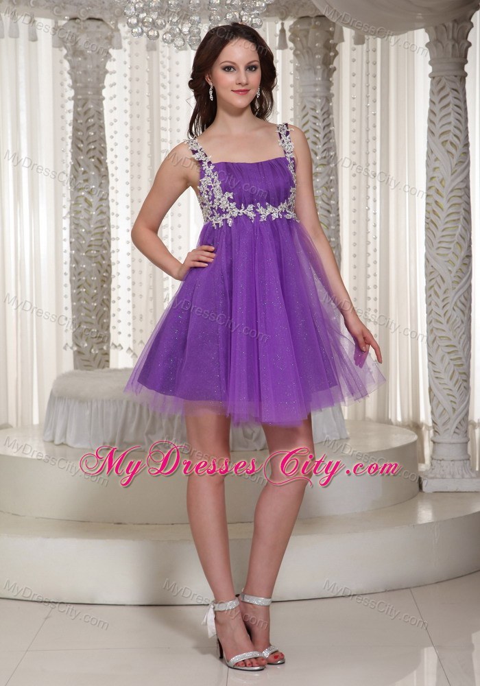 Appliques Decorate Straps Purple Party Gown With Mini-length