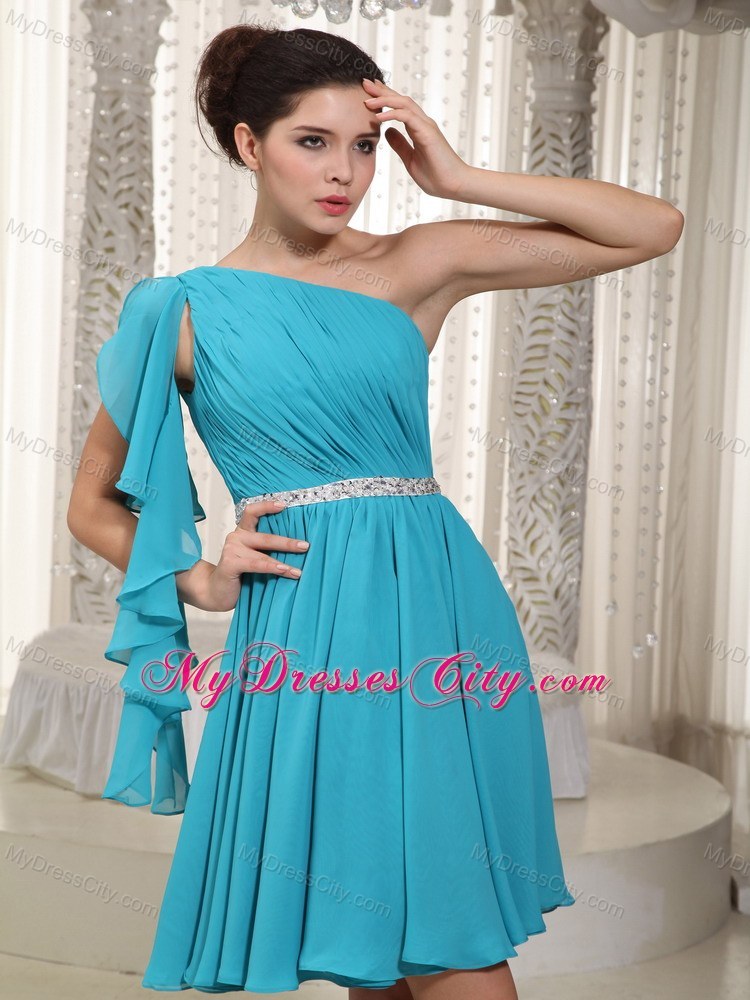 Teal Single Shoulder Party Dress with Beaded Decorate Waist