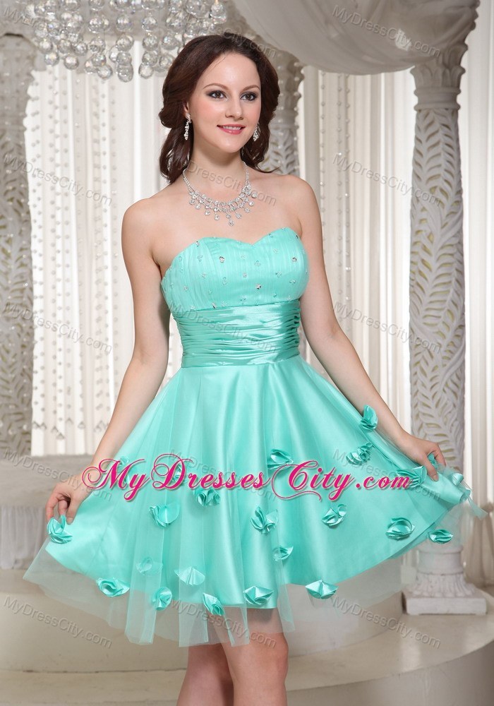 Turquoise Short Prom Dress For Party With Flowers Decorate