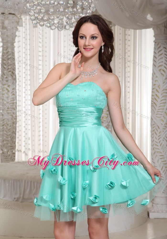 Turquoise Short Prom Dress For Party With Flowers Decorate