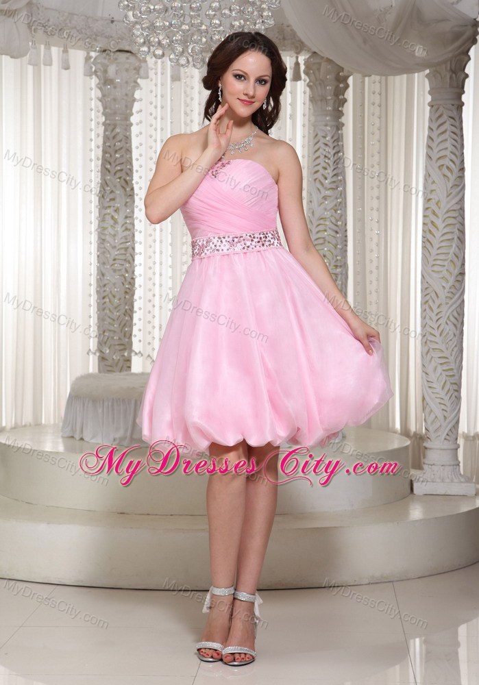 Beaded Decorate Waist Mini-length Baby Pink Party Dress