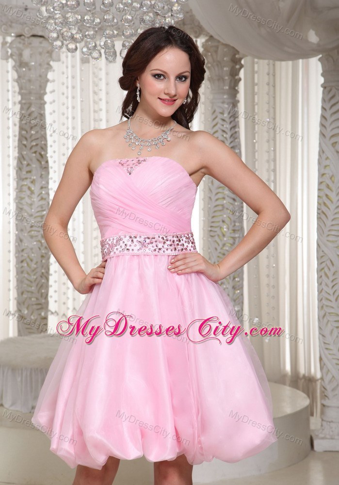 Beaded Decorate Waist Mini-length Baby Pink Party Dress