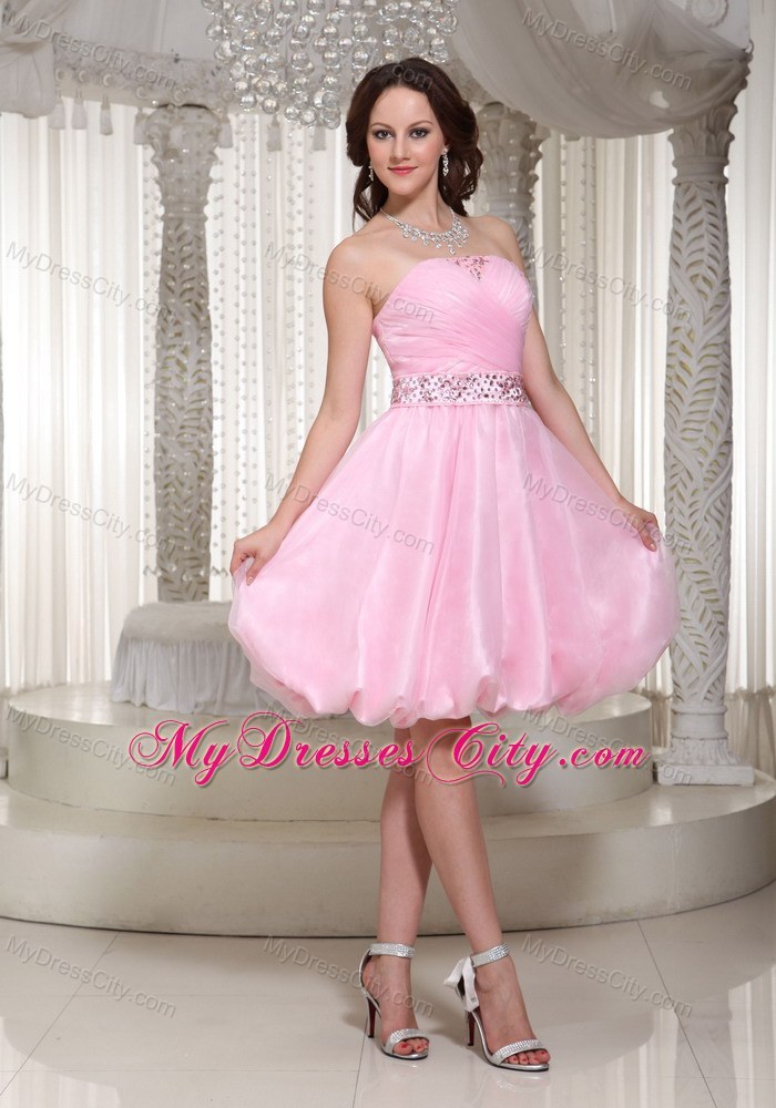 Beaded Decorate Waist Mini-length Baby Pink Party Dress