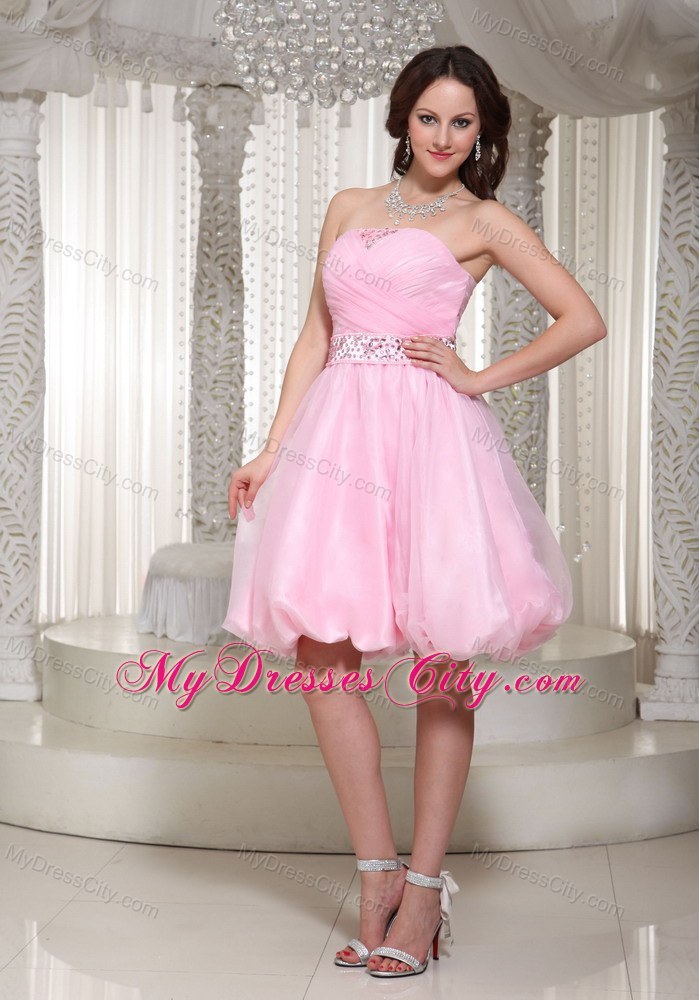 Beaded Decorate Waist Mini-length Baby Pink Party Dress