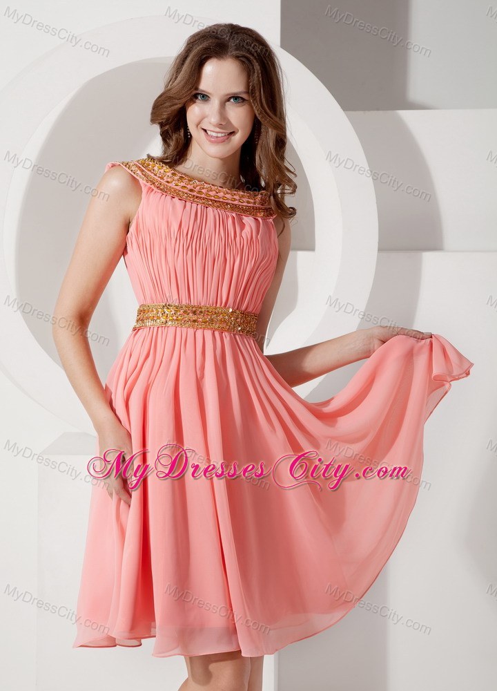 Watermelon Bateau Knee-length Party Dress with Beading