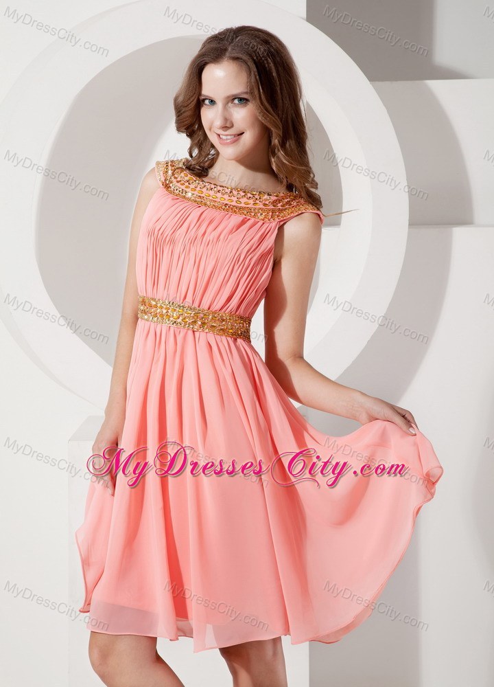 Watermelon Bateau Knee-length Party Dress with Beading