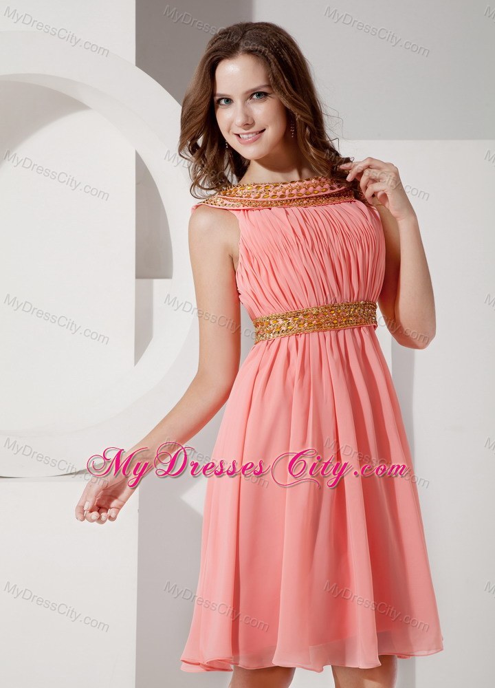 Watermelon Bateau Knee-length Party Dress with Beading