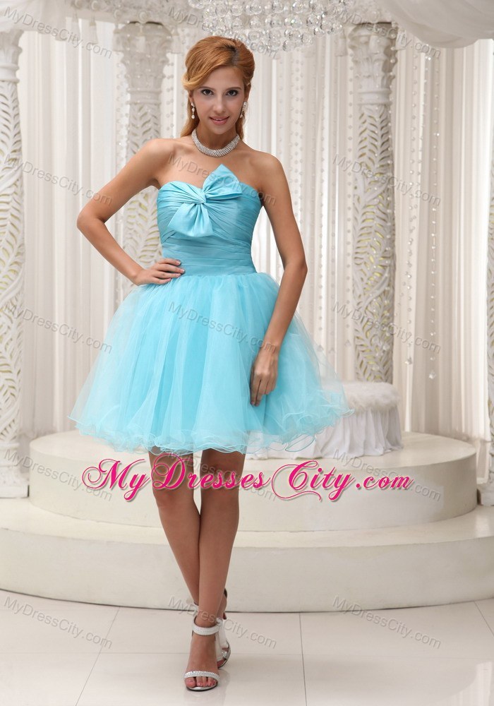 Aqua Blue Ruched Bodice Organza Party Dress For Spring