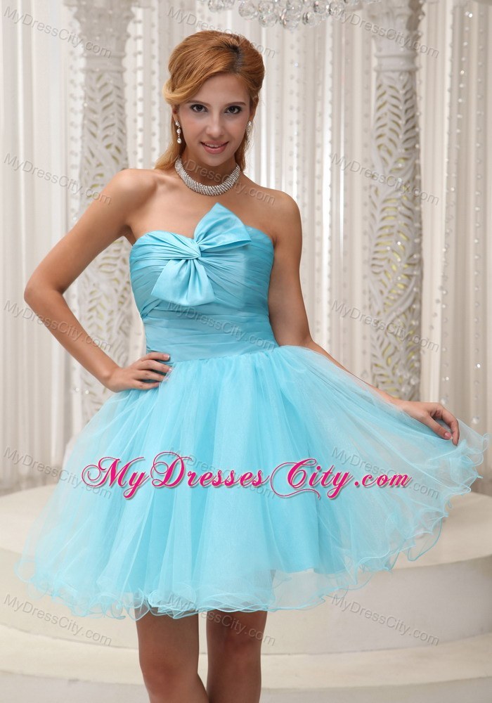 Aqua Blue Ruched Bodice Organza Party Dress For Spring