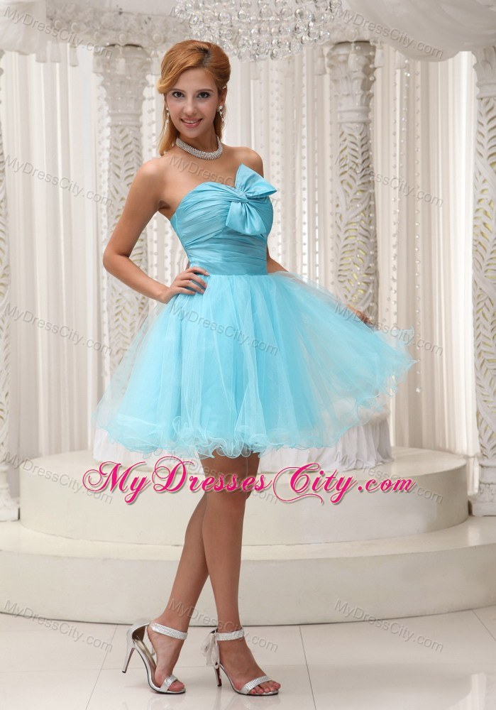 Aqua Blue Ruched Bodice Organza Party Dress For Spring