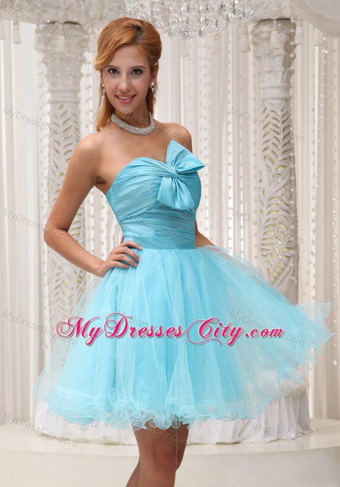 Aqua Blue Ruched Bodice Organza Party Dress For Spring