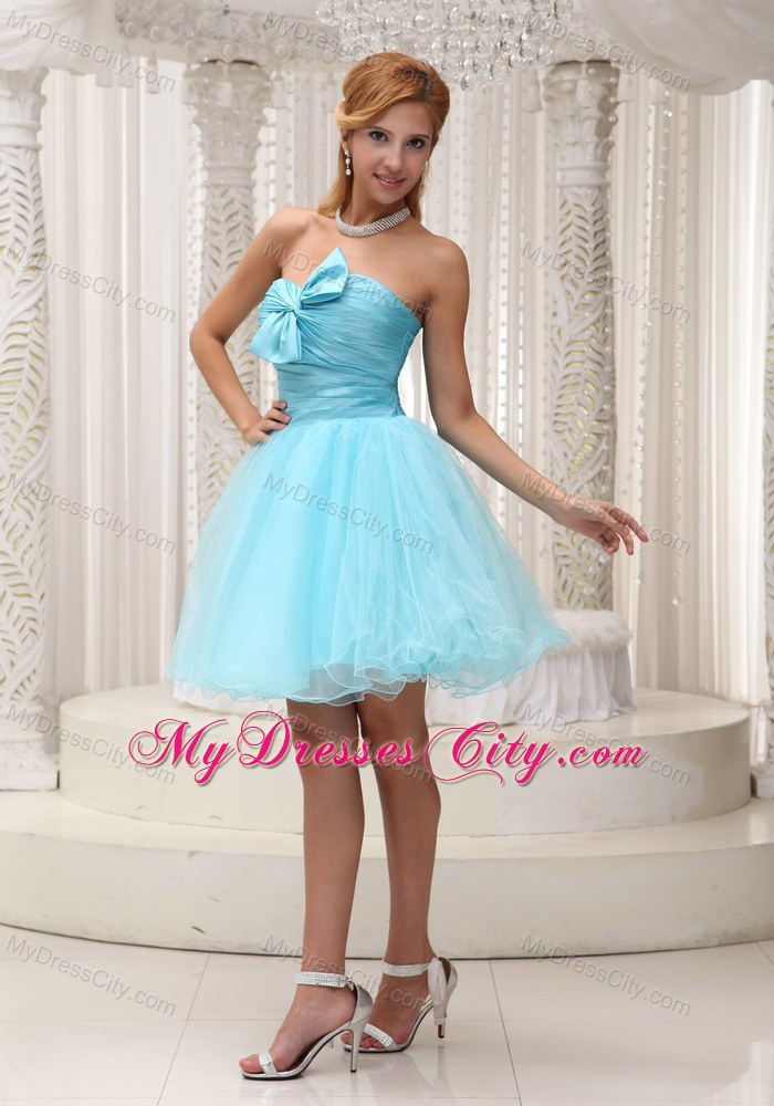 Aqua Blue Ruched Bodice Organza Party Dress For Spring