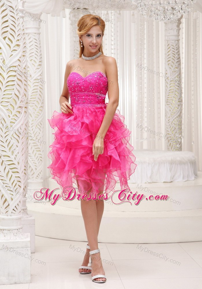 Cascading Ruffles Hot Pink Prom Party Dress with Beading