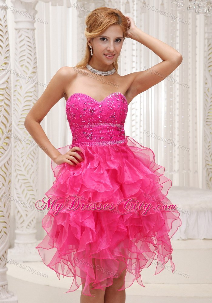 Cascading Ruffles Hot Pink Prom Party Dress with Beading