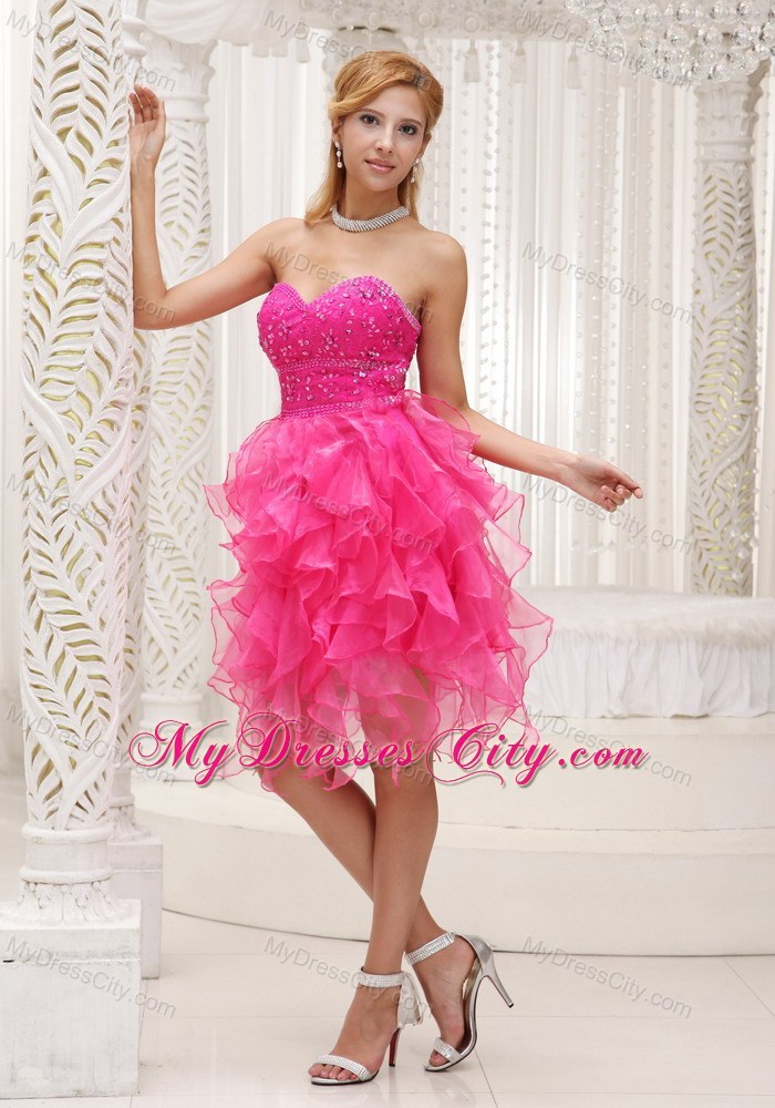 Cascading Ruffles Hot Pink Prom Party Dress with Beading