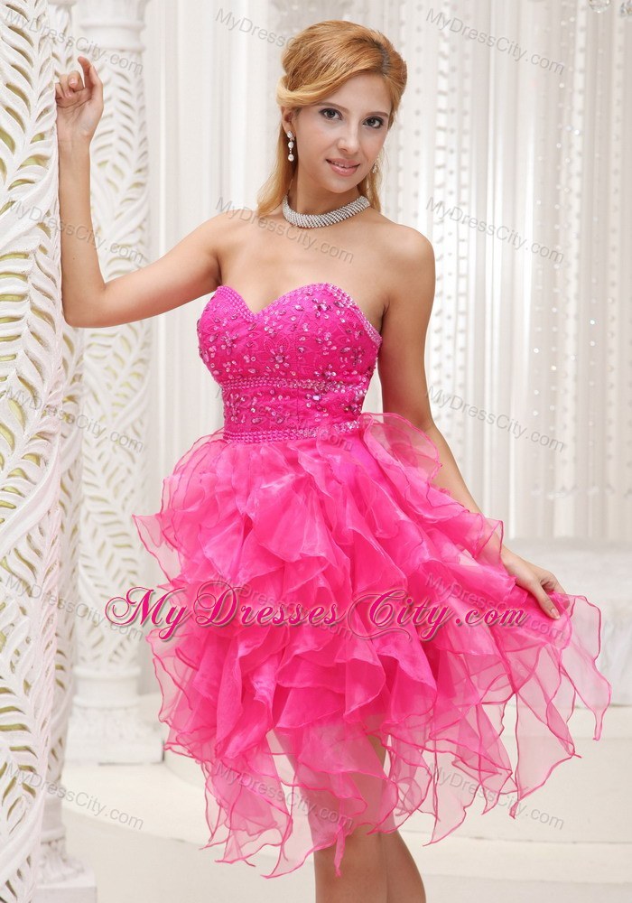 Cascading Ruffles Hot Pink Prom Party Dress with Beading