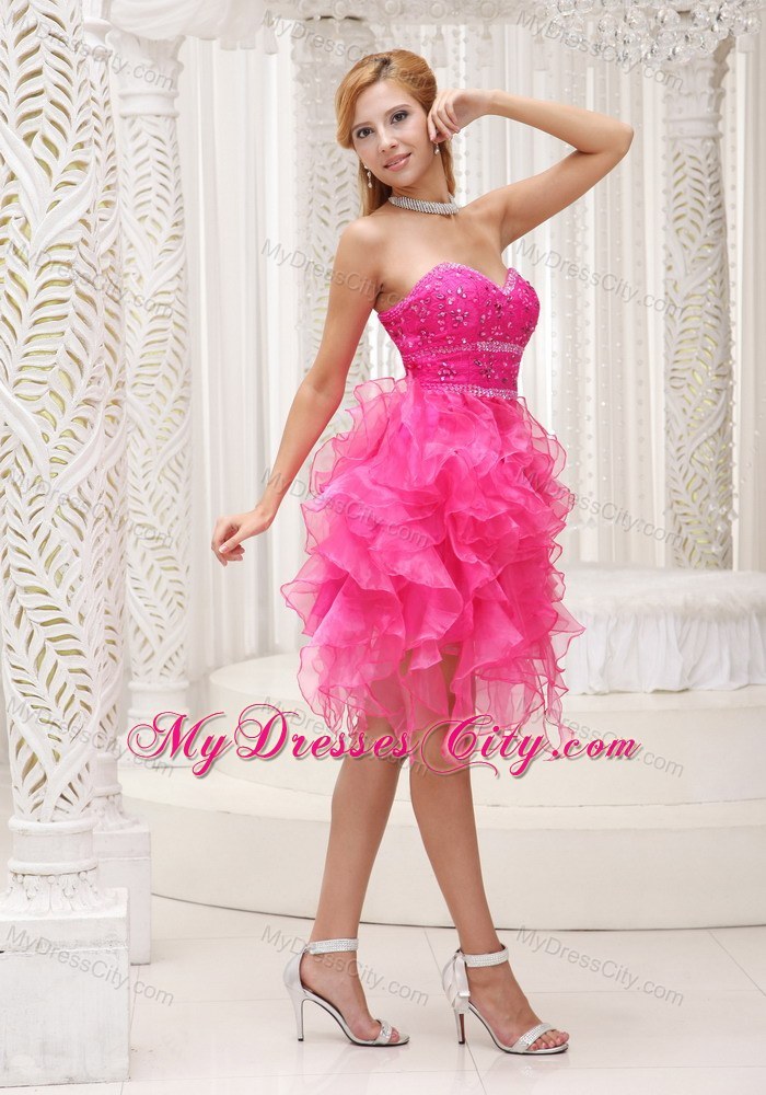 Cascading Ruffles Hot Pink Prom Party Dress with Beading