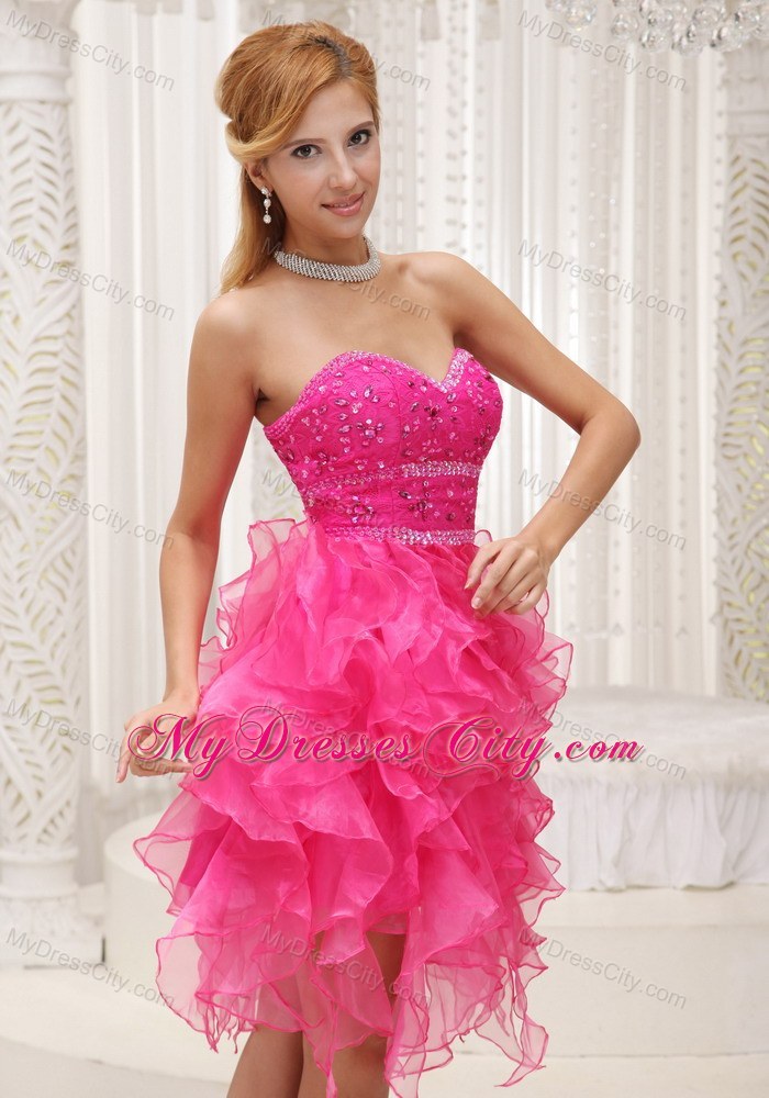 Cascading Ruffles Hot Pink Prom Party Dress with Beading